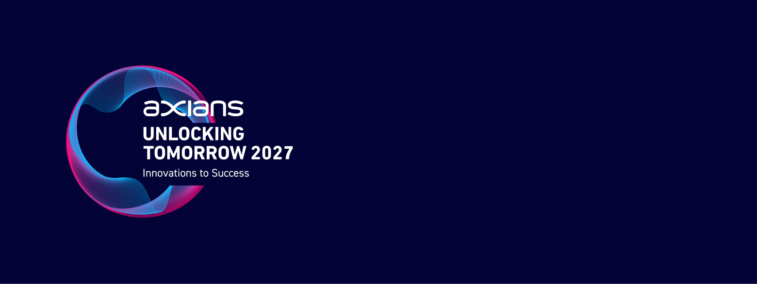 Axians logo with the text "UNLOCKING TOMORROW 2027 - Innovations to Success" on a dark blue background with a circular graphic.